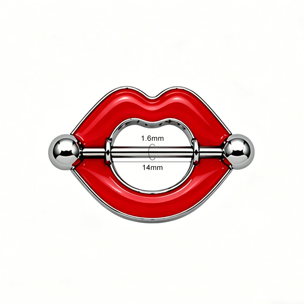 Product diagram showing 1.6mm gauge and 14mm bar length for red lips nipple shield.