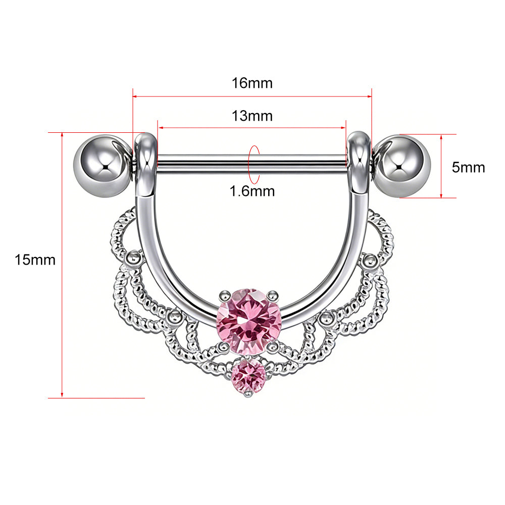Detailed size chart for 14G nipple shield showing 13mm bar length.