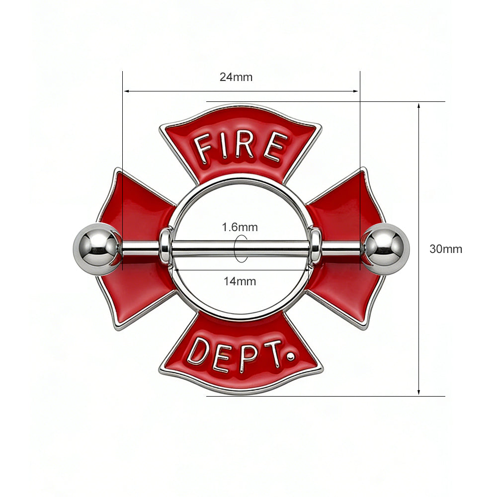Detailed size chart for 14G fire dept. nipple shield showing 14mm bar length.