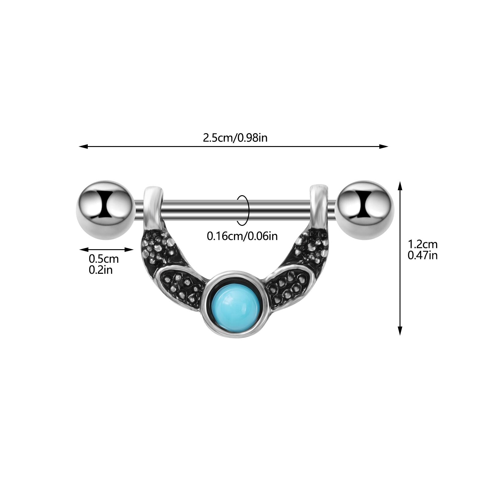 Dimension chart showing the 2.5cm bar length and 1.2cm shield height of the turquoise nipple jewelry.