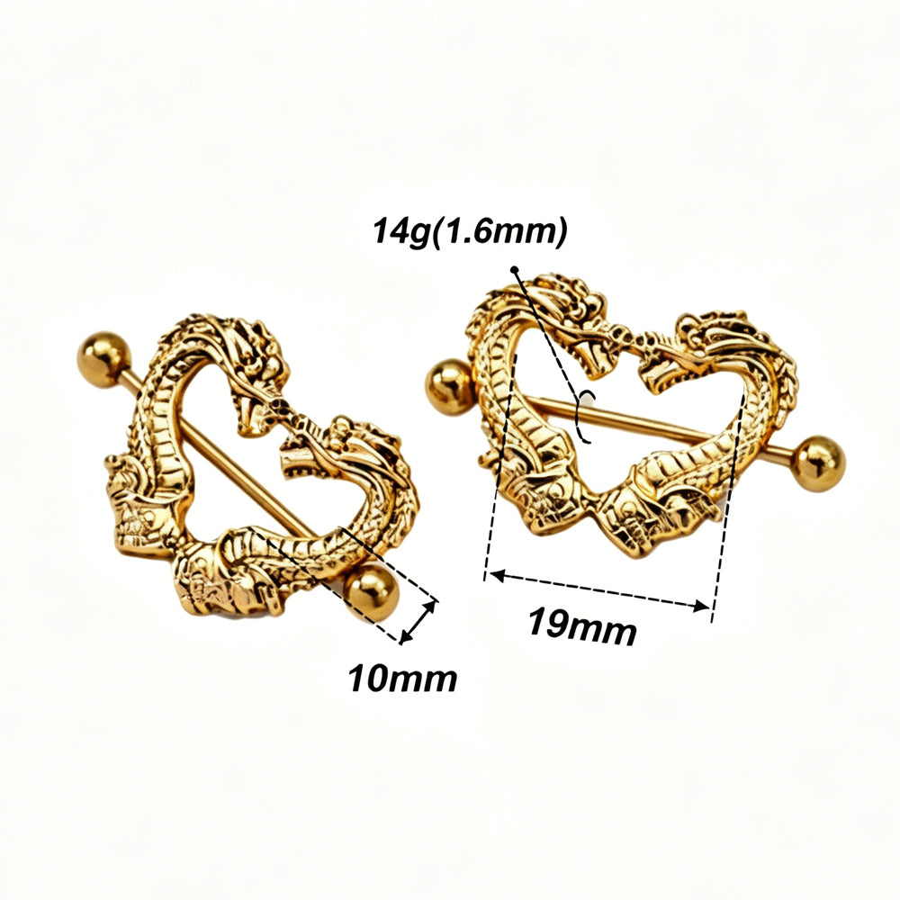 Detailed size measurement for dragon nipple shield showing 14g gauge and 19mm inner width.