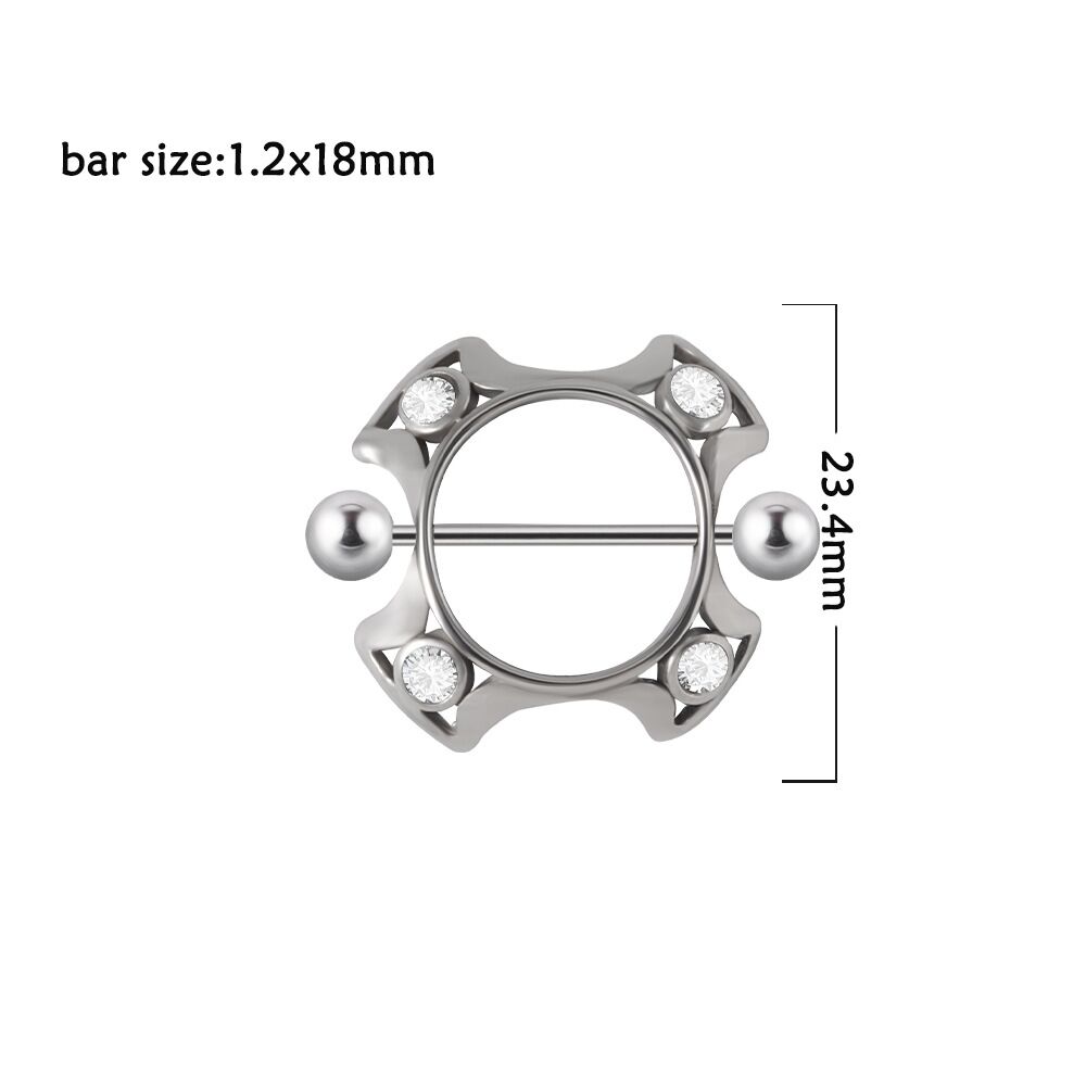 Detailed size chart for geometric nipple shield showing 1.2x18mm barbell and 23.4mm outer diameter.
