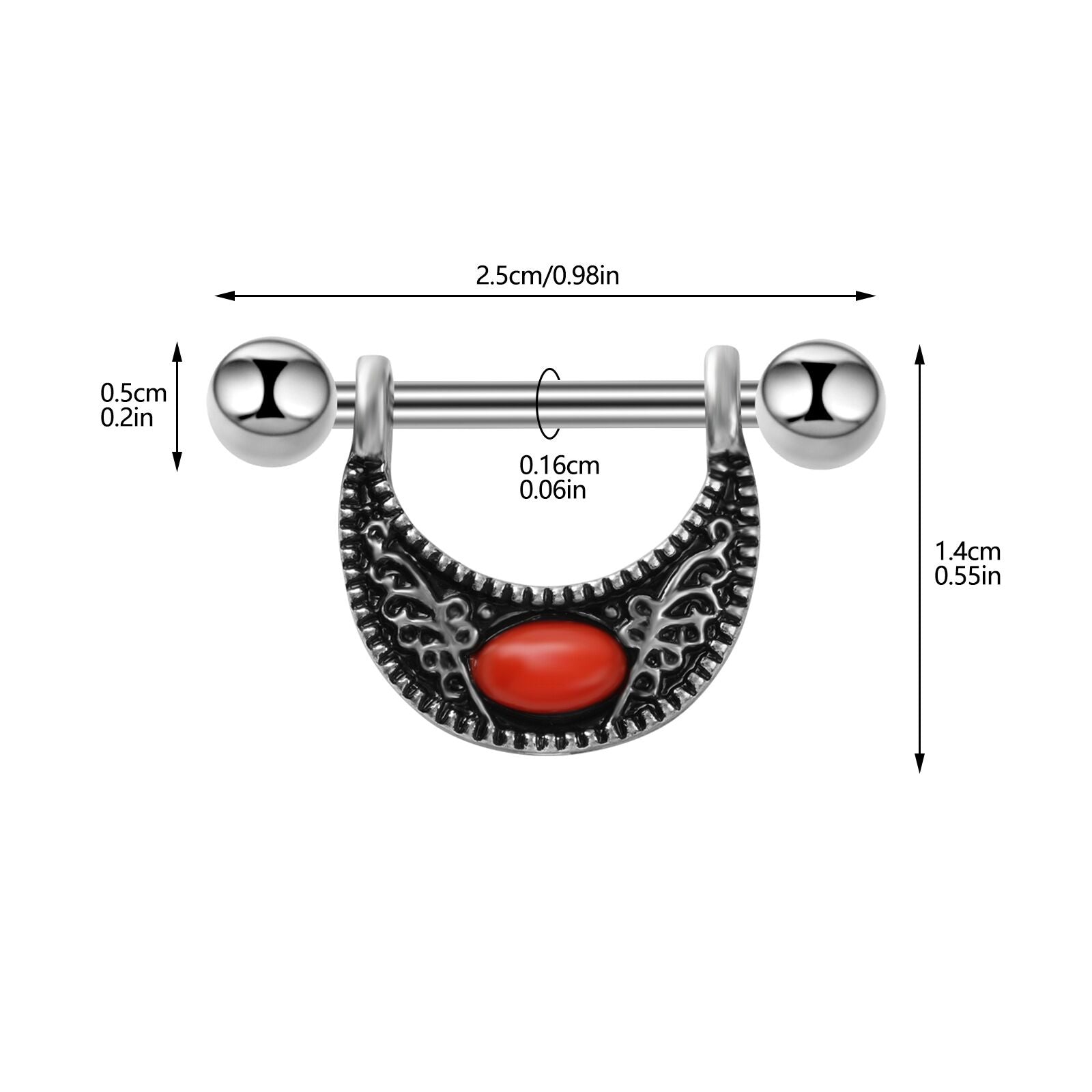 Detailed size chart for the moon nipple shield showing bar length, gauge size, and shield dimensions in inches and cm.
