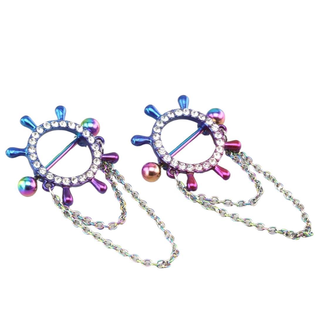 14G Rainbow Nautical Ship Wheel Nipple Shield Piercing with Double Dangle Chains - Set of 2