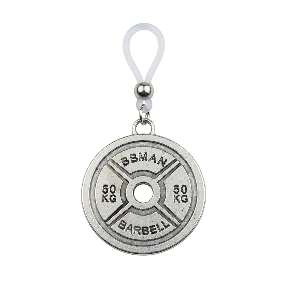 Front view of a non-pierced vintage silver weight plate nipple clamp charm featuring 'BBMAN BARBELL 50 KG' text with an adjustable clear silicone loop.