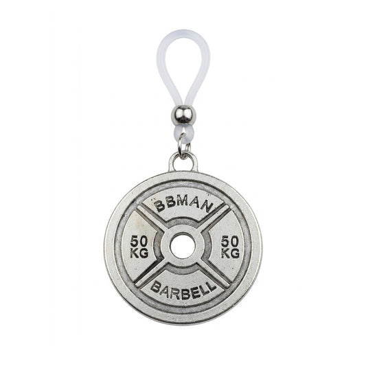 Front view of a non-pierced vintage silver weight plate nipple clamp charm featuring 'BBMAN BARBELL 50 KG' text with an adjustable clear silicone loop.