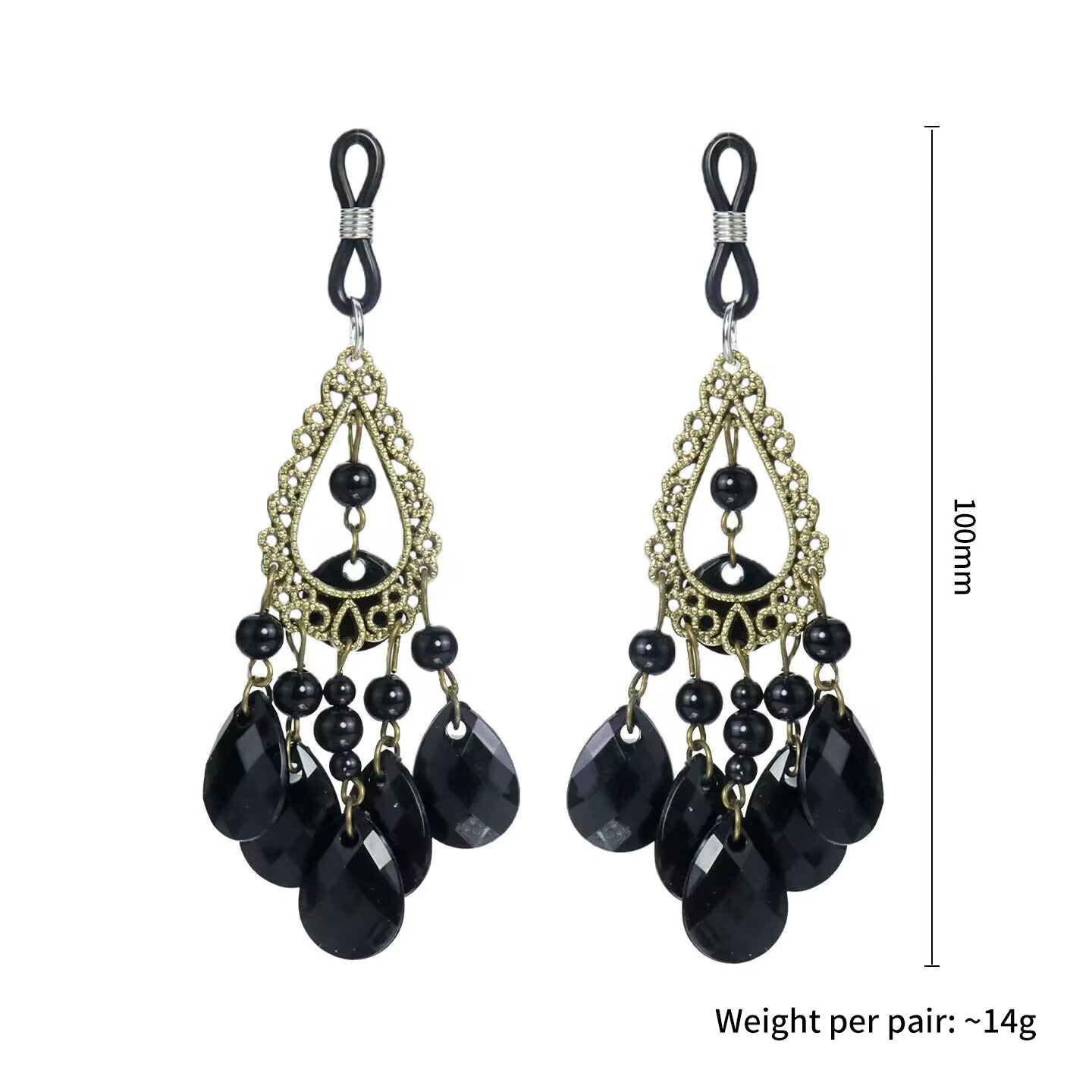 Gothic non-pierced nipple rings with silver adjustable rubber loops measuring 100mm long and weighing 14g per pair.