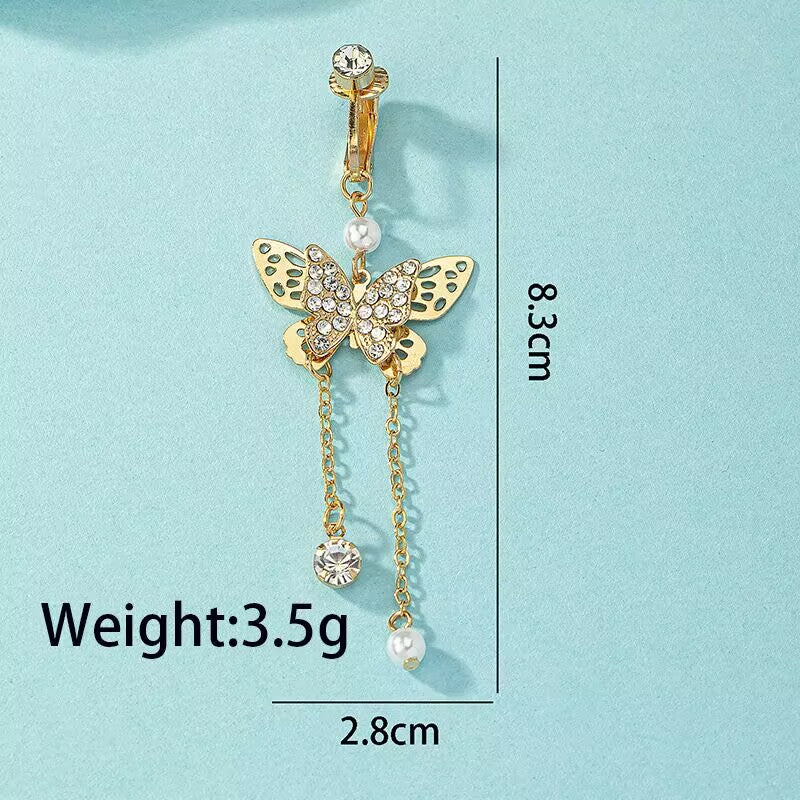 Dimension diagram of non pierced butterfly dangle belly ring showing 8.3cm length and 3.5g weight
