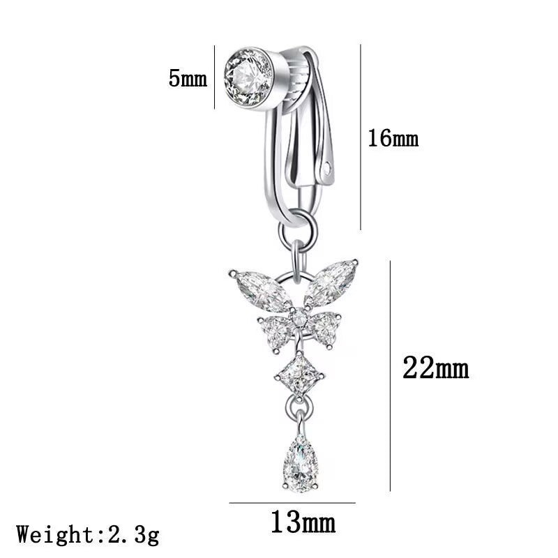Dimension diagram of fake butterfly clip-on belly button ring showing 16mm clip length and 22mm dangle.