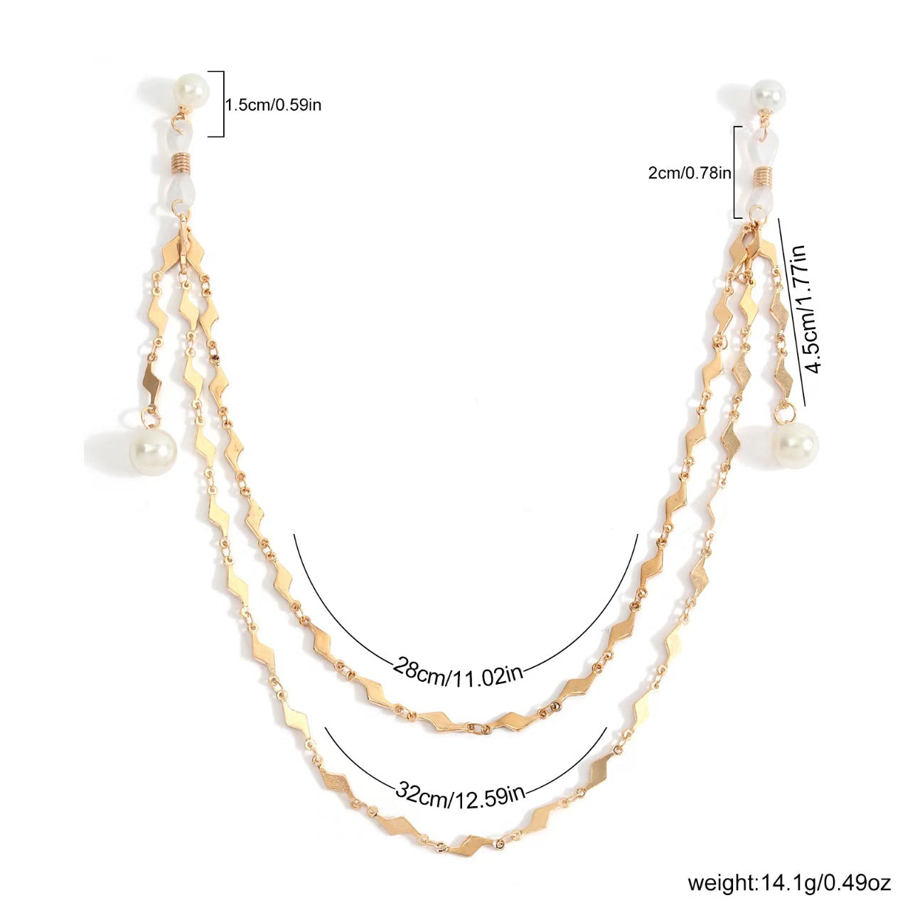 Measurement infographic of the layered breast chain showing inner length 28cm, outer length 32cm, and total weight of 14.1g.