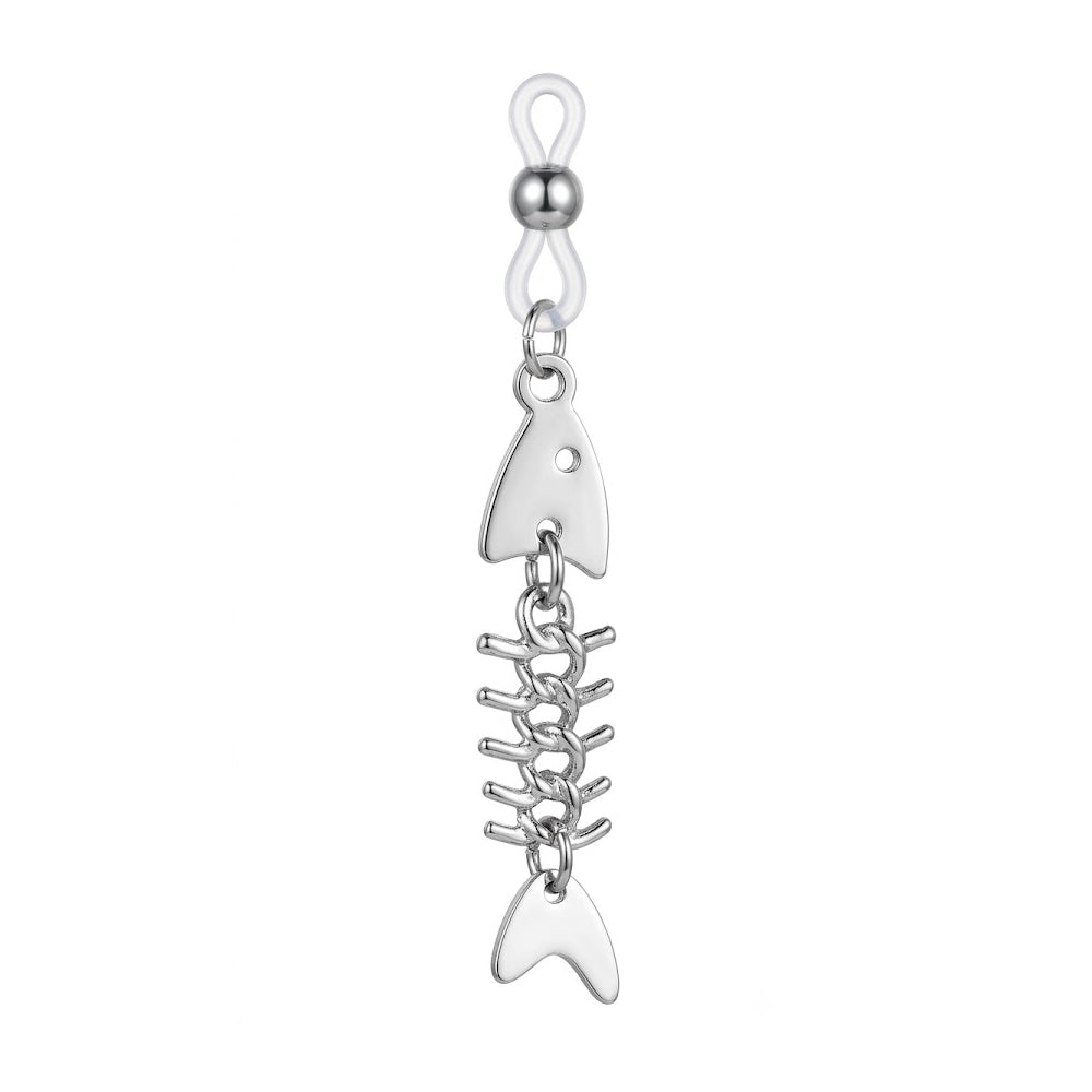 Single view detail of non-pierced fishbone dangle nipple clamp with adjustable clear silicone loop and slide bead.