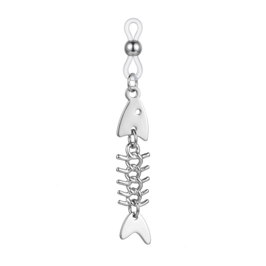 Single view detail of non-pierced fishbone dangle nipple clamp with adjustable clear silicone loop and slide bead.
