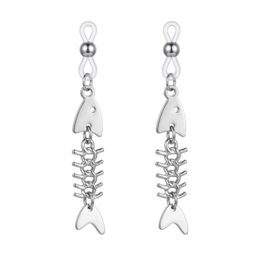 Complete pair set of non-pierced fishbone dangle nipple clamps showing two matching silver tone body jewelry pieces.