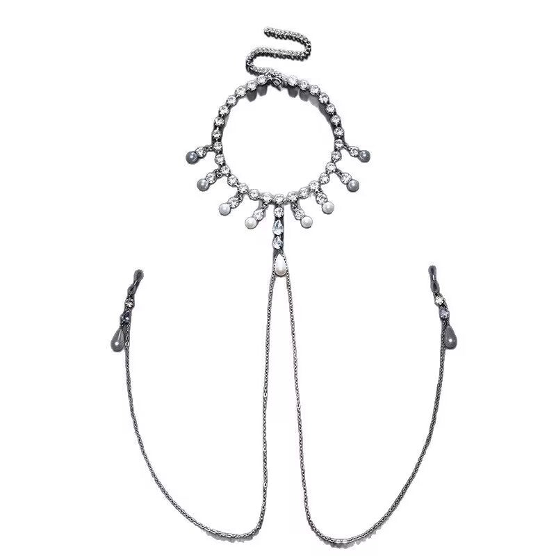 Full view of non-pierced nipple chain choker jewelry layout isolated on white background.