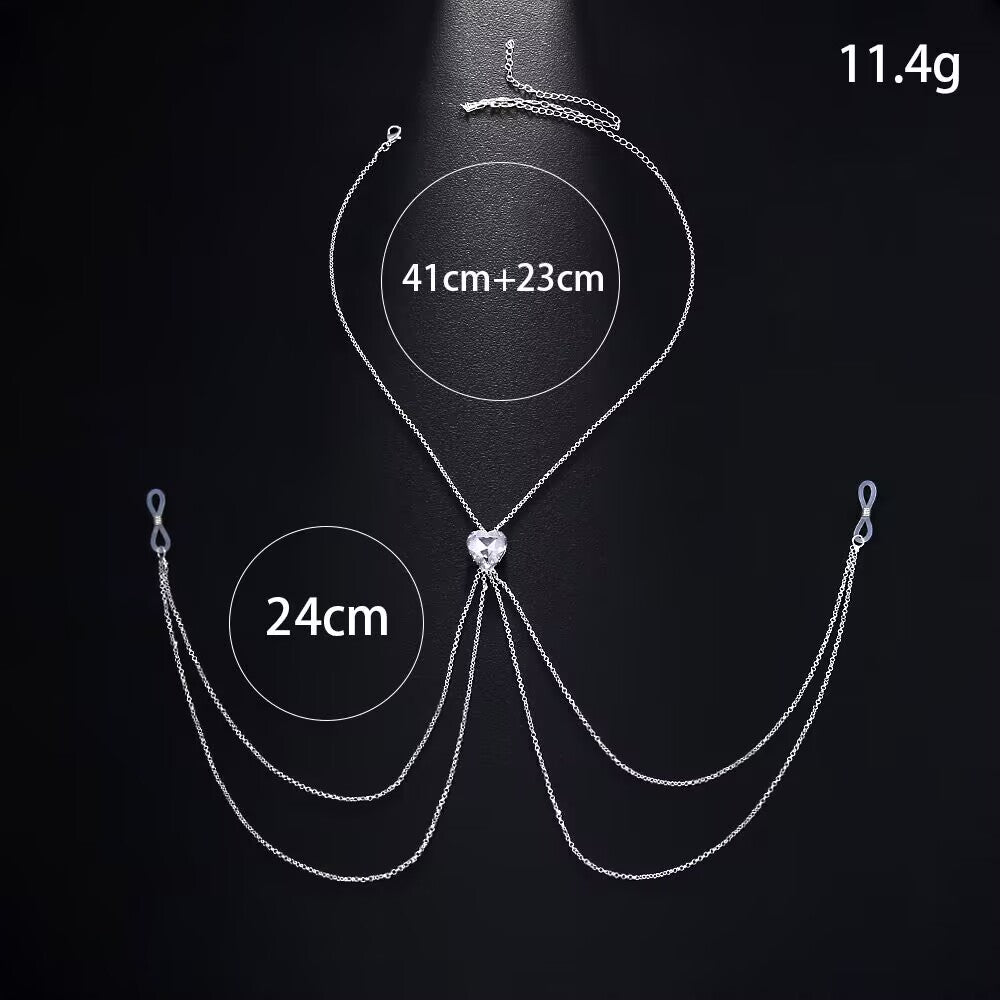Dimension diagram for non-pierced nipple body chain displaying 41cm plus 23cm neck chain, 24cm drape chain, and 11.4g weight.