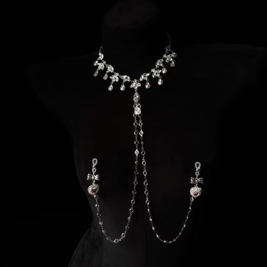 Non pierced nipple chain body jewelry set featuring a silver choker necklace and pink heart pendants.