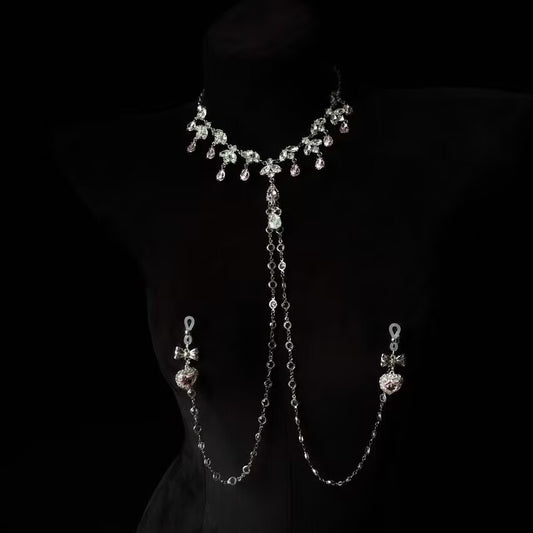 Non pierced nipple chain body jewelry set featuring a silver choker necklace and pink heart pendants.