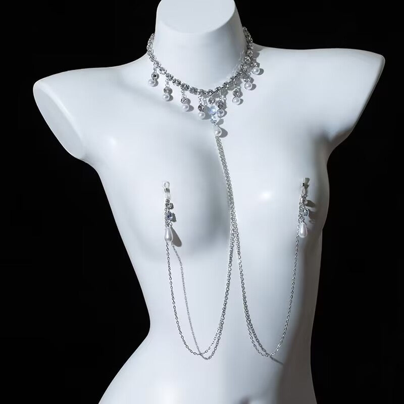 Model mannequin wearing a non-pierced nipple choker body chain set with crystal rhinestones and hanging pearl drops.