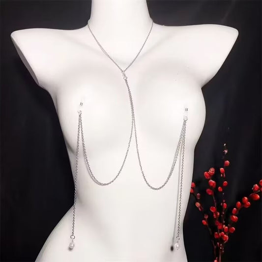 Non-Pierced Nipple Clamp Body Chain with Pearl Dangles - Adjustable Y-Necklace Body Jewelry Set