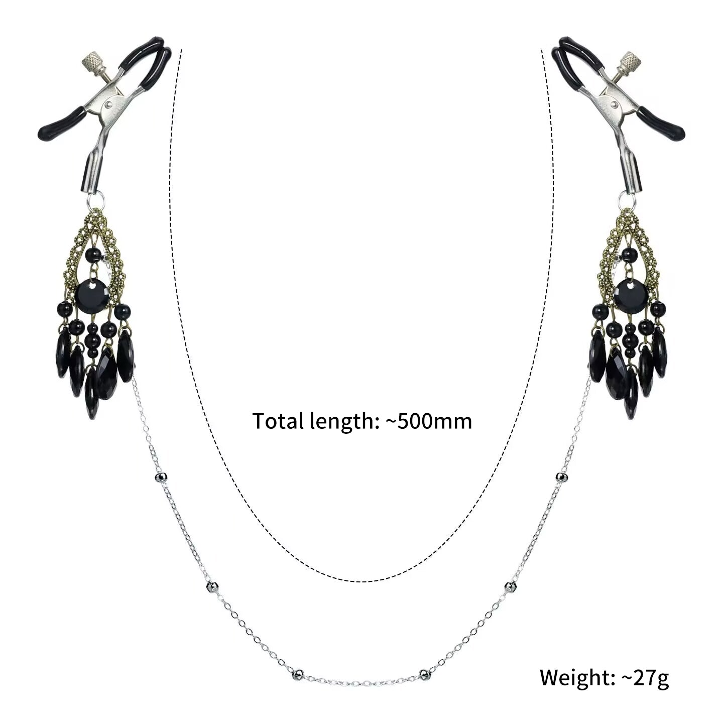 Non pierced nipple clamp body chain set with silver adjustable screw clips and dangling black crystal tassels.