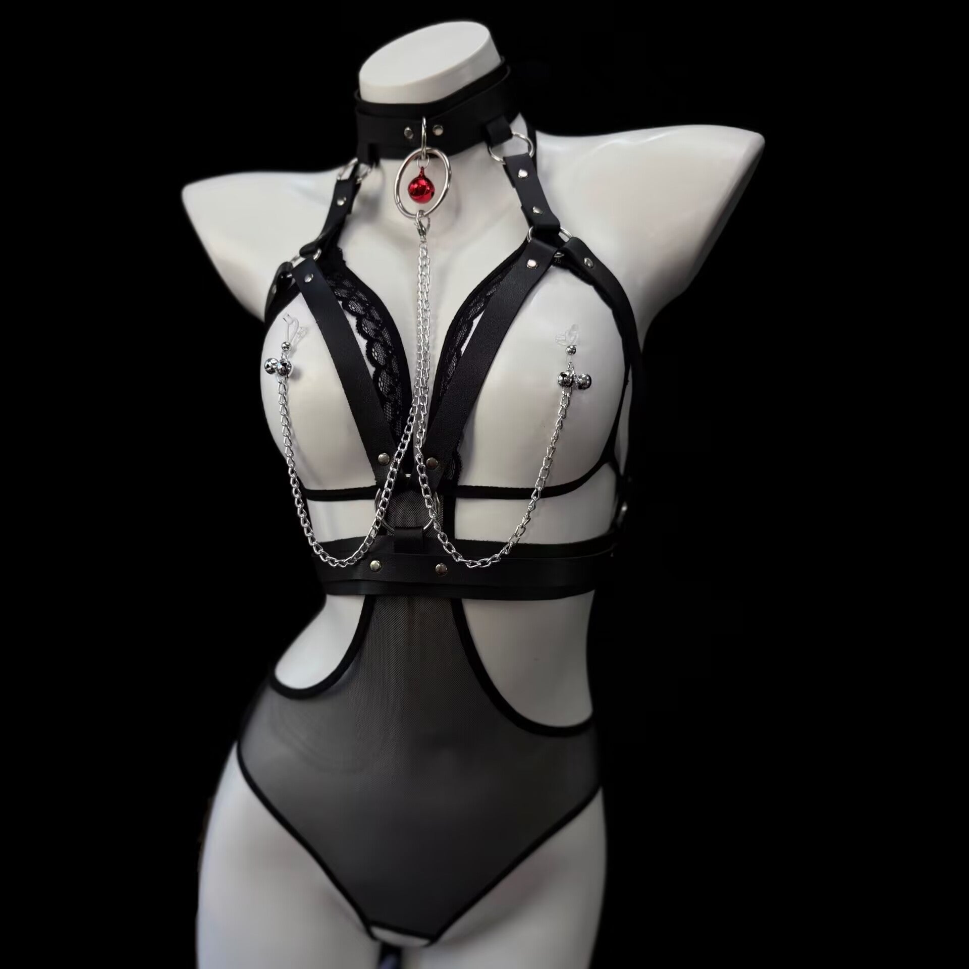 Black faux leather harness with classic non-pierced nipple clamps attached by silver chains