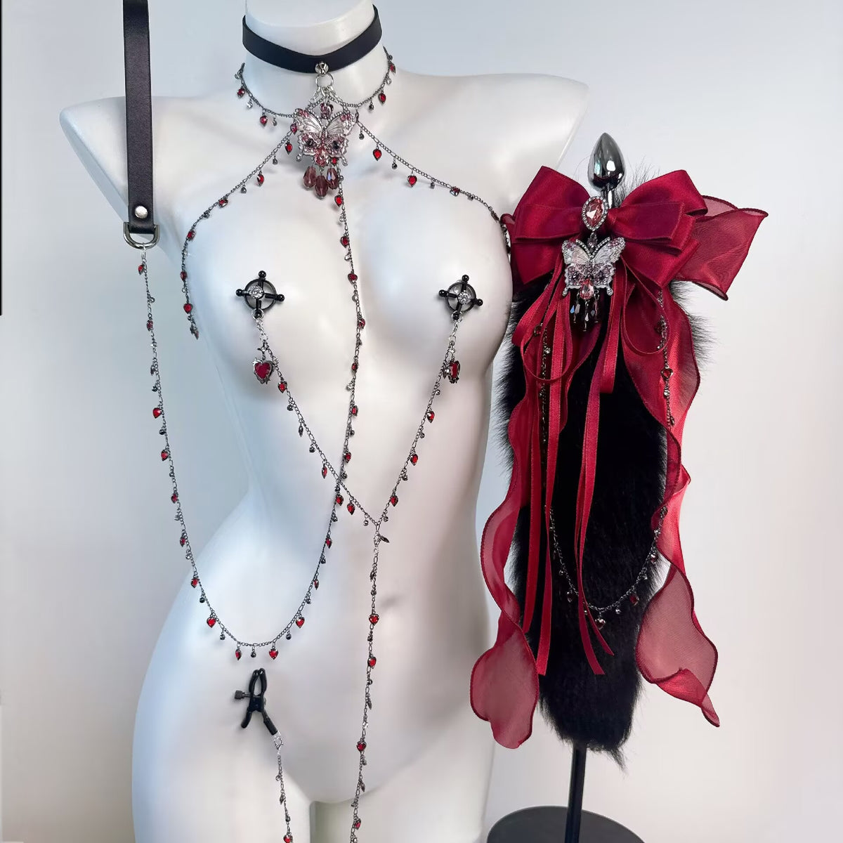 Non-pierced nipple clamp body chain harness linked with gothic choker and red ribbon tail plug