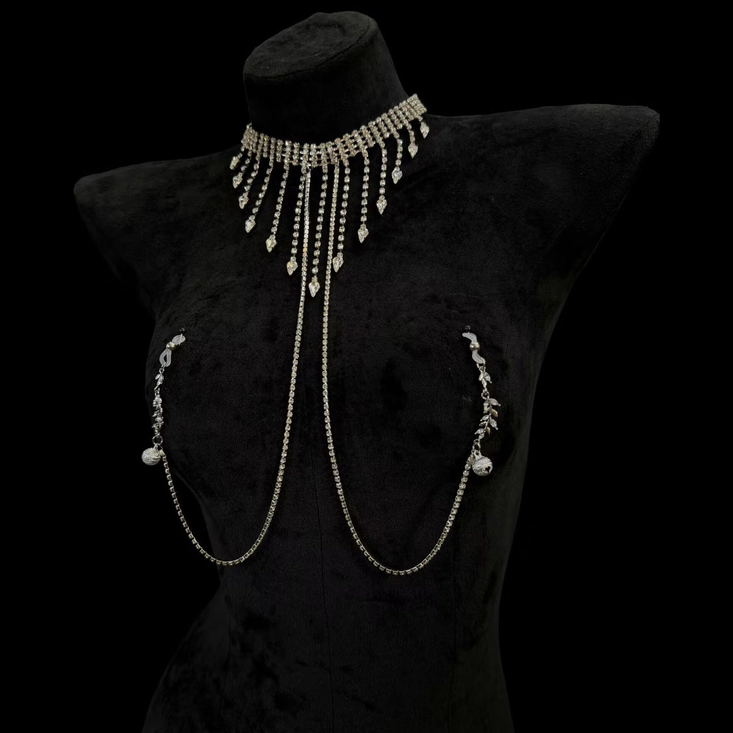 Rhinestone fringe choker chest chain with gentle non-pierced silicone-tipped nipple clips.
