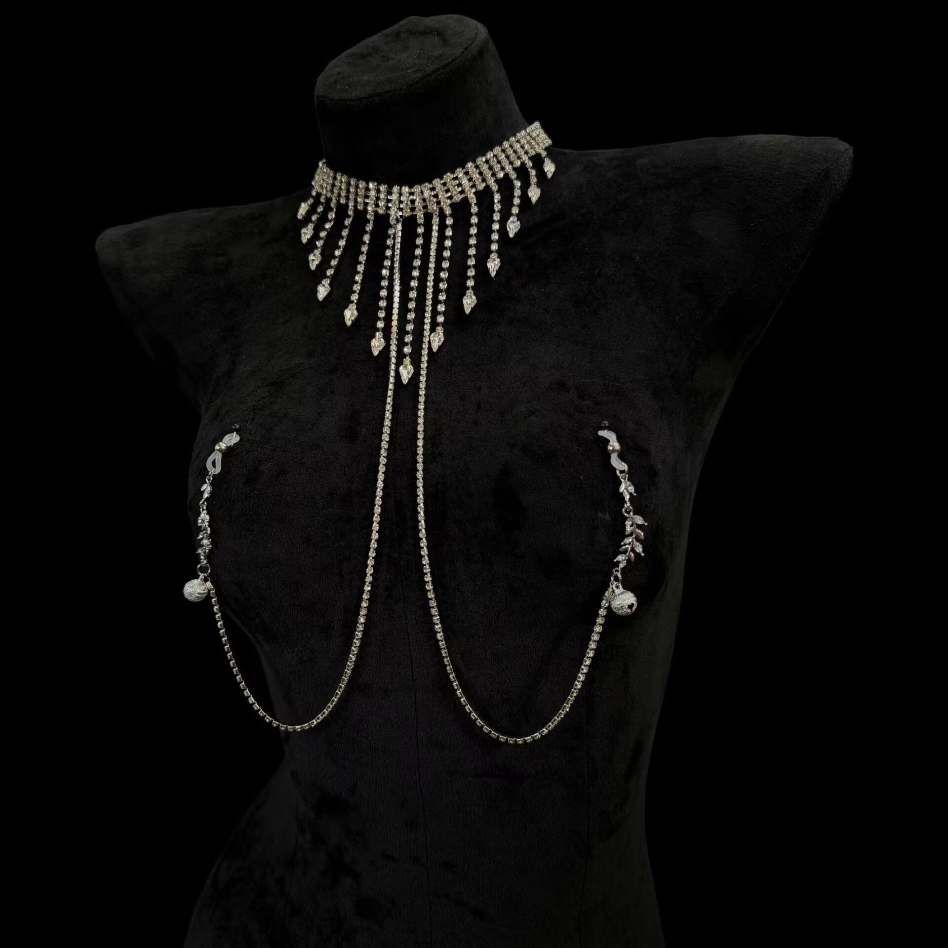 Rhinestone fringe choker chest chain with gentle non-pierced silicone-tipped nipple clips.