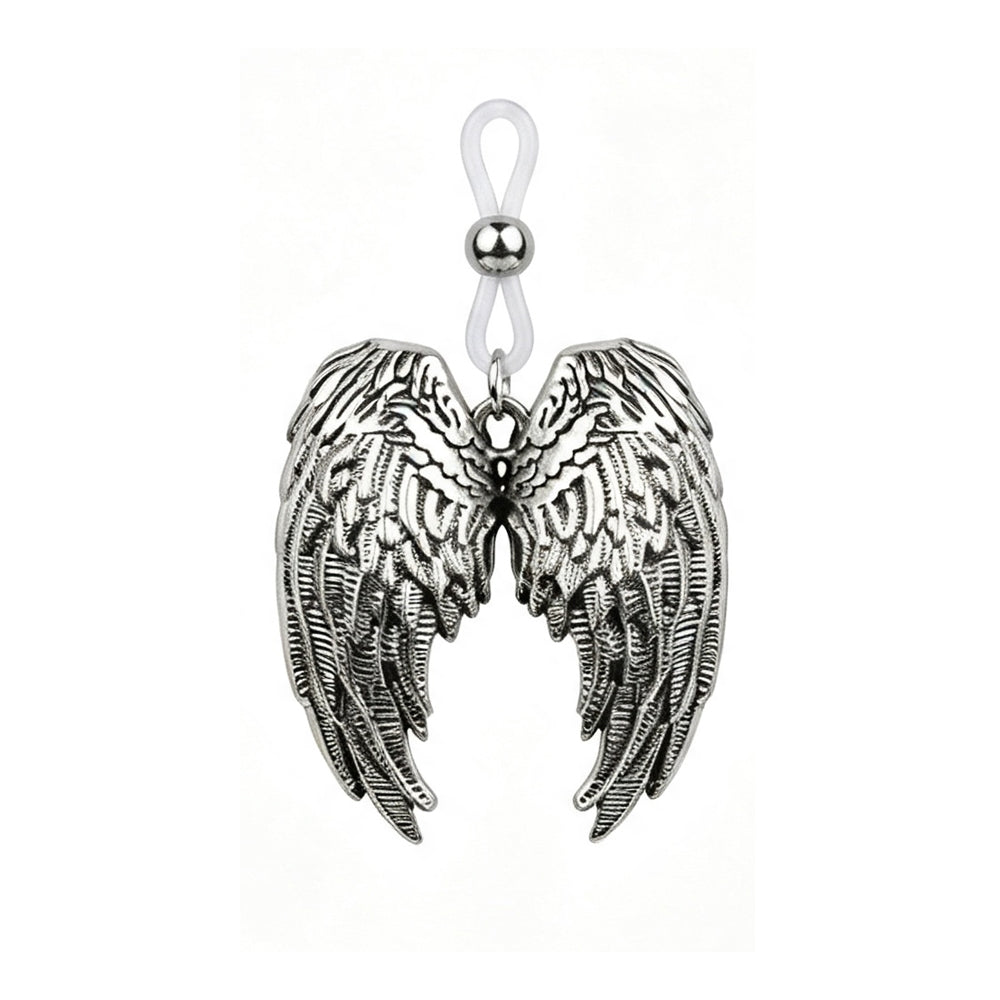Non-pierced angel wings nipple clamp featuring an adjustable silicone loop and silver wing charm.
