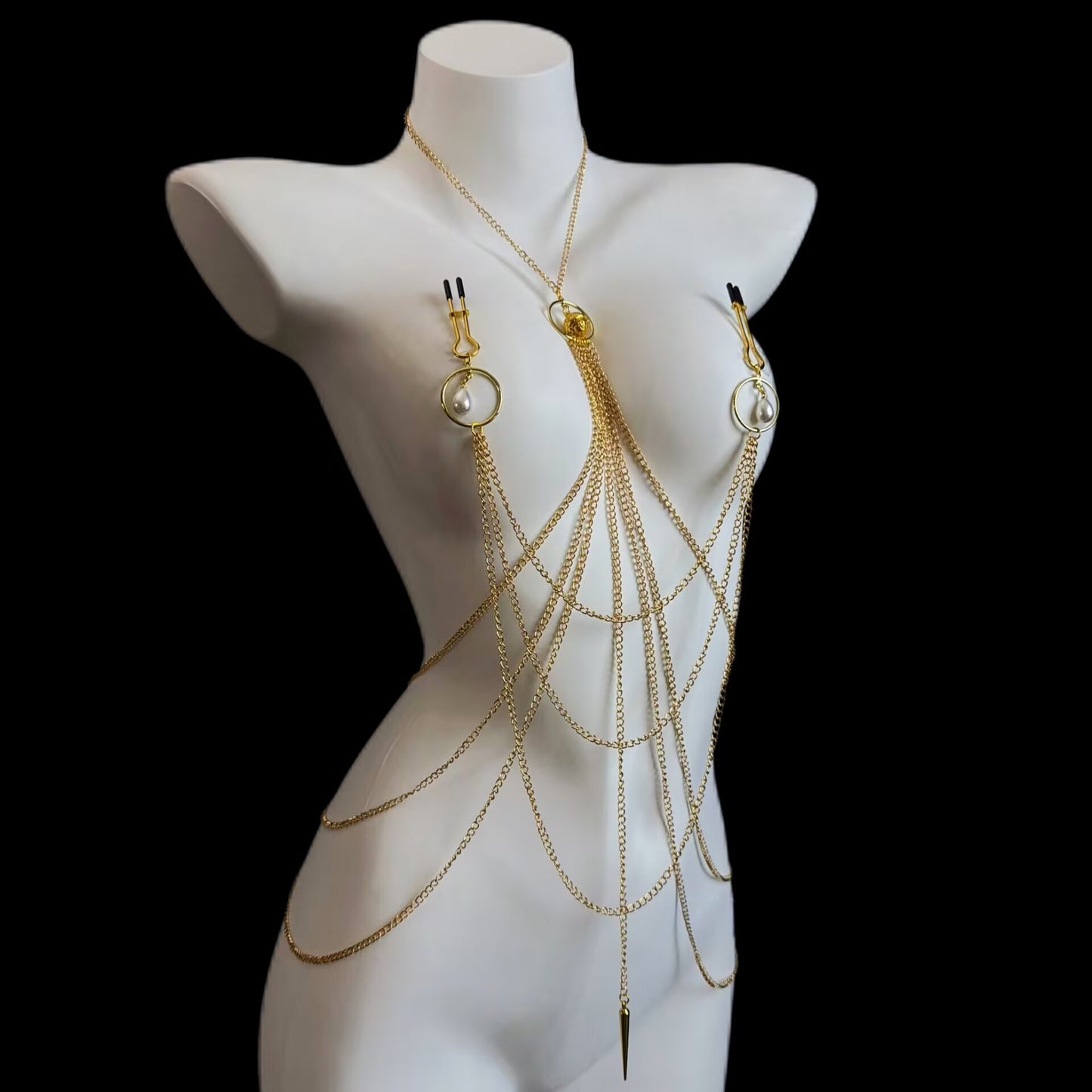 Layered gold body harness with adjustable non-pierced squeeze nipple clips and dangling pearl accents