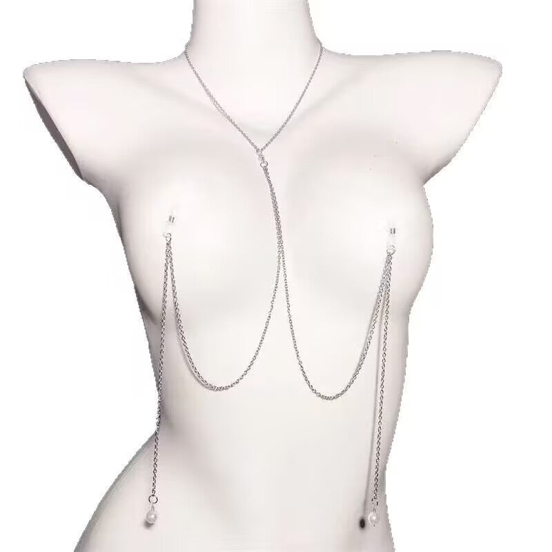 Non-Pierced Nipple Clamp Body Chain with Pearl Dangles - Adjustable Y-Necklace Body Jewelry Set
