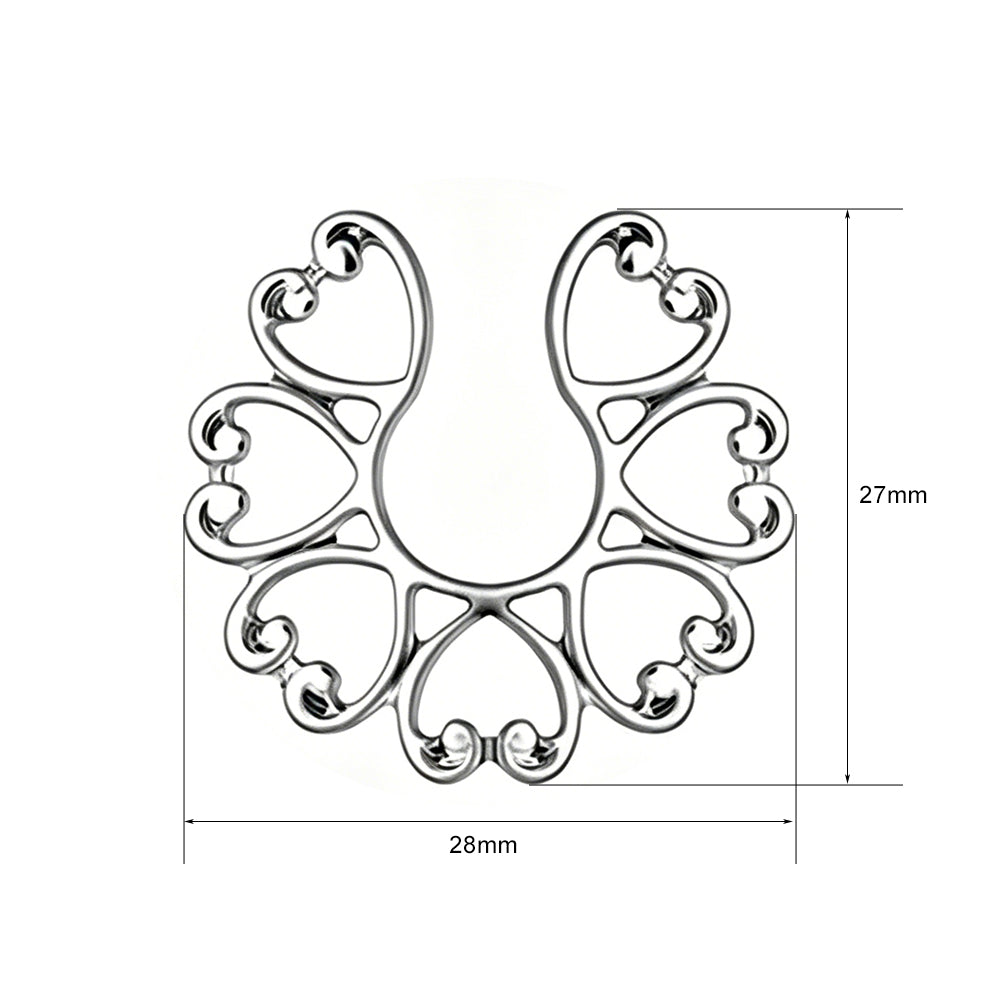 Product measurement diagram of the heart filigree nipple shield showing dimensions of 28mm width and 27mm height.