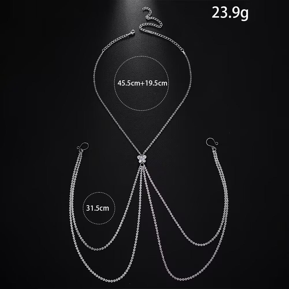 Product specification chart of the adjustable non-pierced nipple ring chain showing weights of 23.9g and chain dimensions of 45.5cm plus 19.5cm extension.