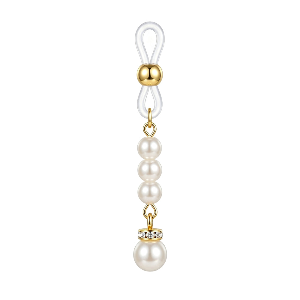 Single close-up detail of non-pierced pearl nipple clamp with clear adjustable rubber loop and gold dangle accent.