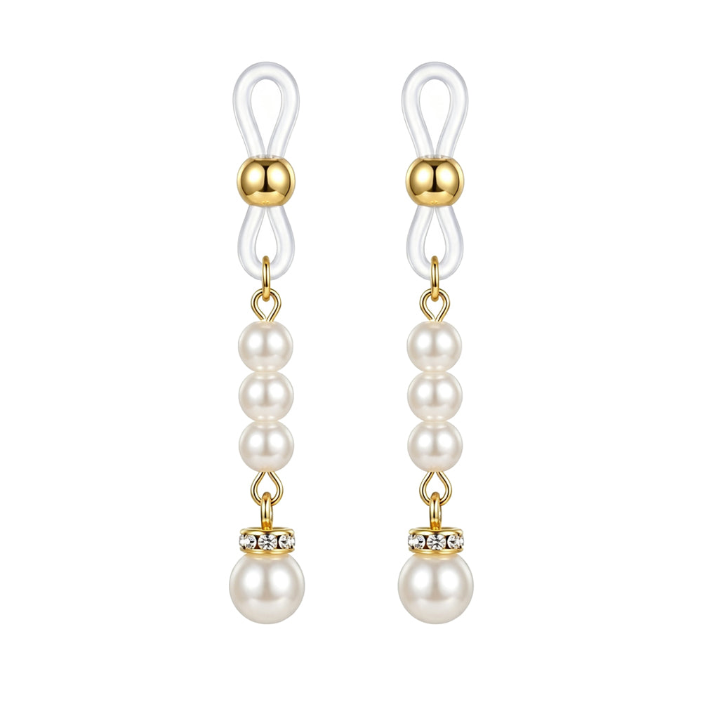 Pair of matching non-pierced dangle pearl nipple clamps featuring clear silicone loops with gold sliding beads.