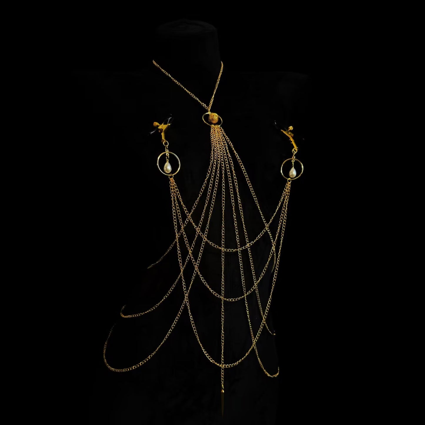 Complete non-pierced nipple clamp body chain set with rubber-tipped clips on black display mannequin