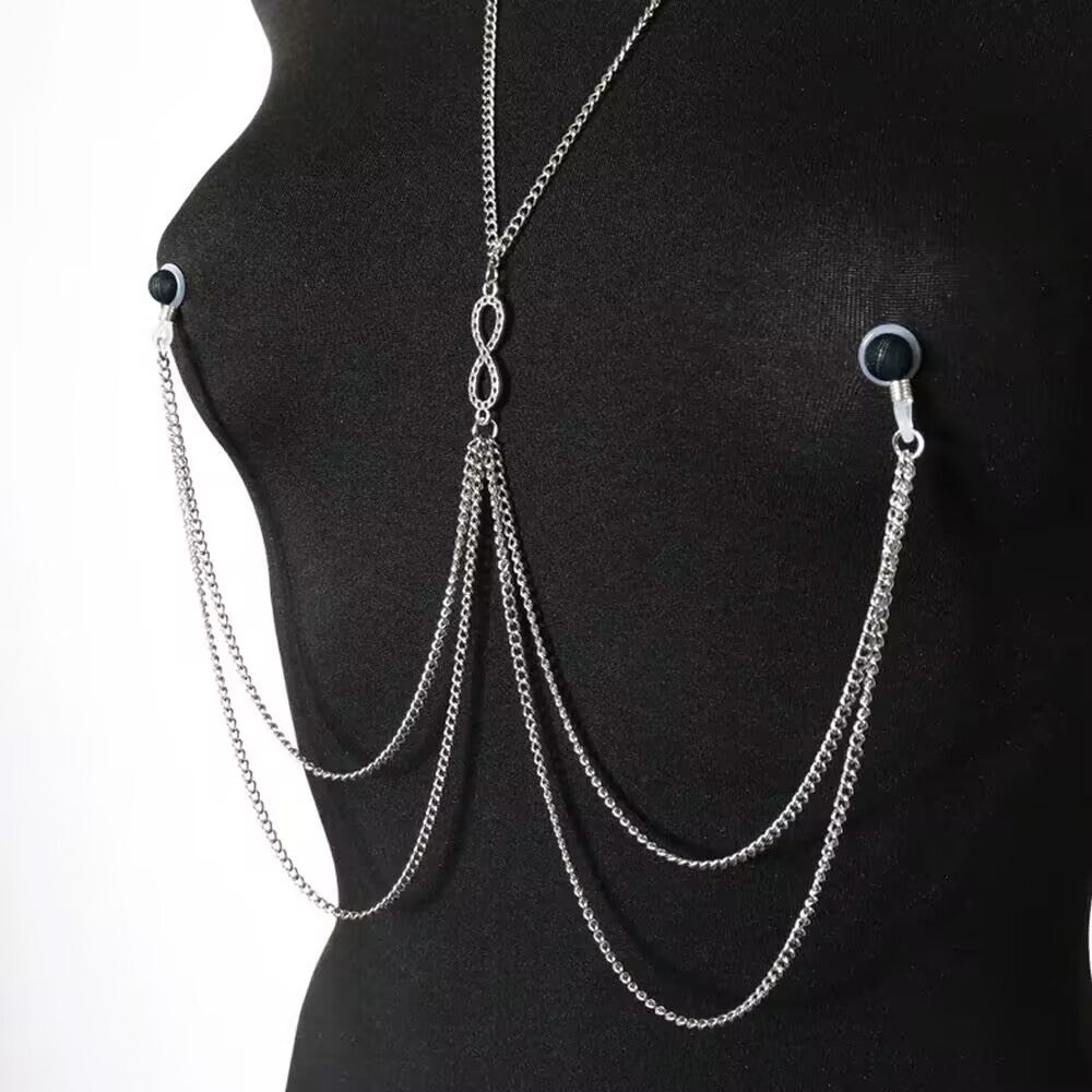 Side view of non-pierced silicone loop nipple body chain with hanging drape chains on a mannequin.