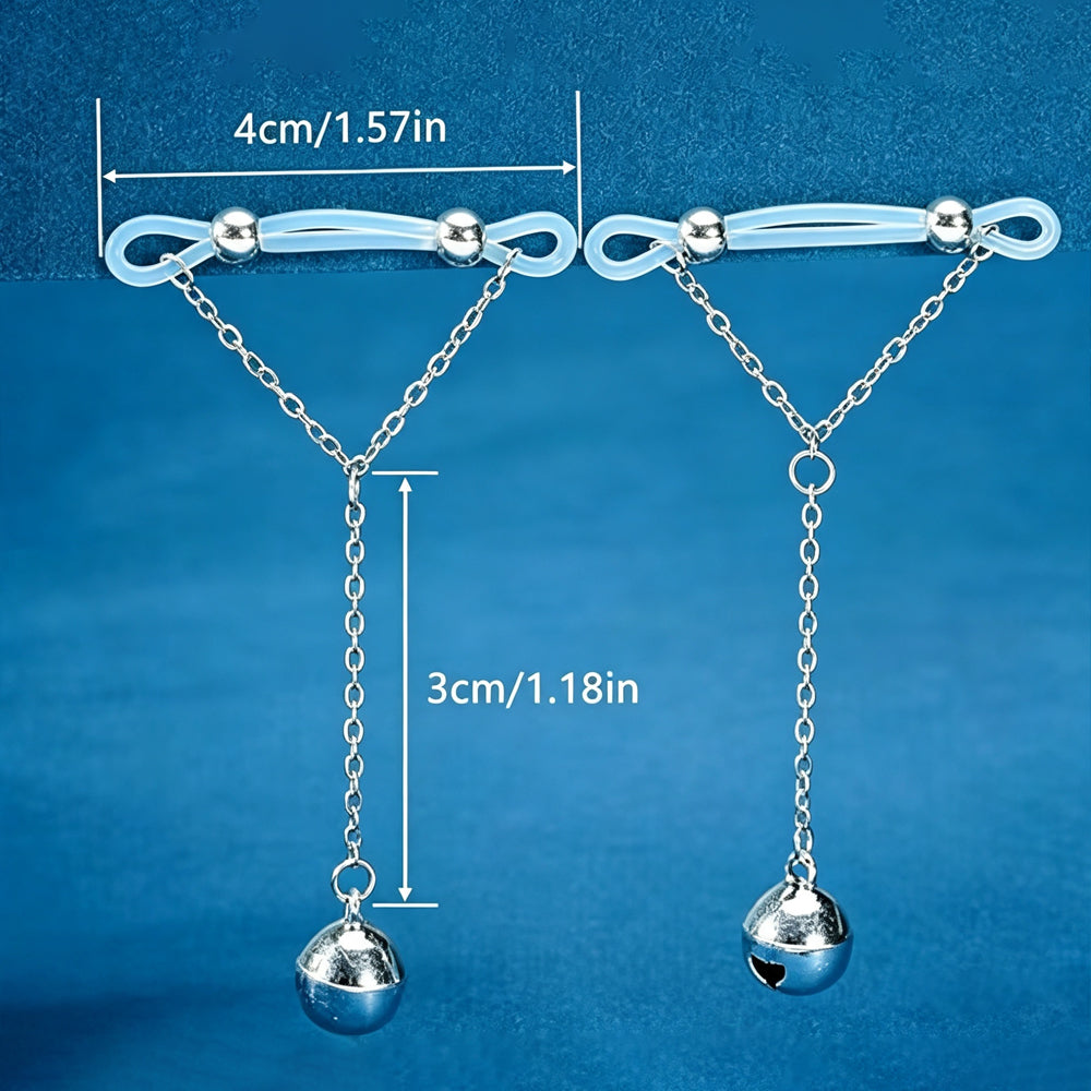 Pair dimension guide displaying 4cm silicone clamp loop width and 3cm bell pendant chain length.