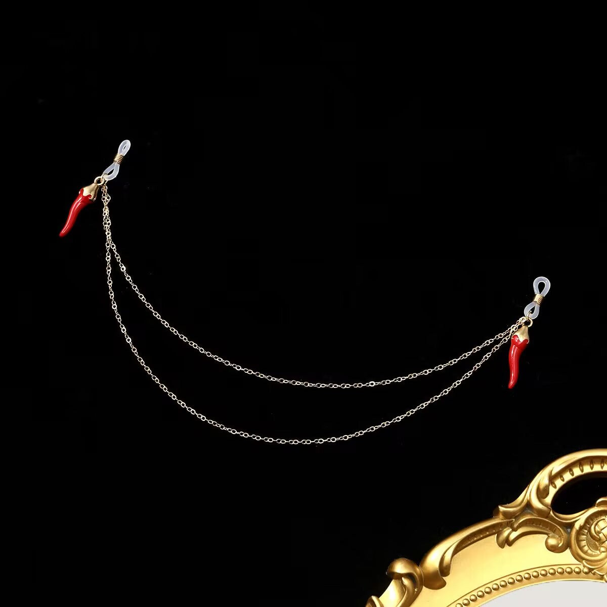 Non piercing chilli pepper nipple jewelry with adjustable silicone loops and hanging gold chains