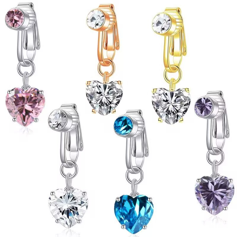 Multi-color non-piercing clip-on belly button ring set with heart-cut CZ pendants in silver, gold, and rose gold.