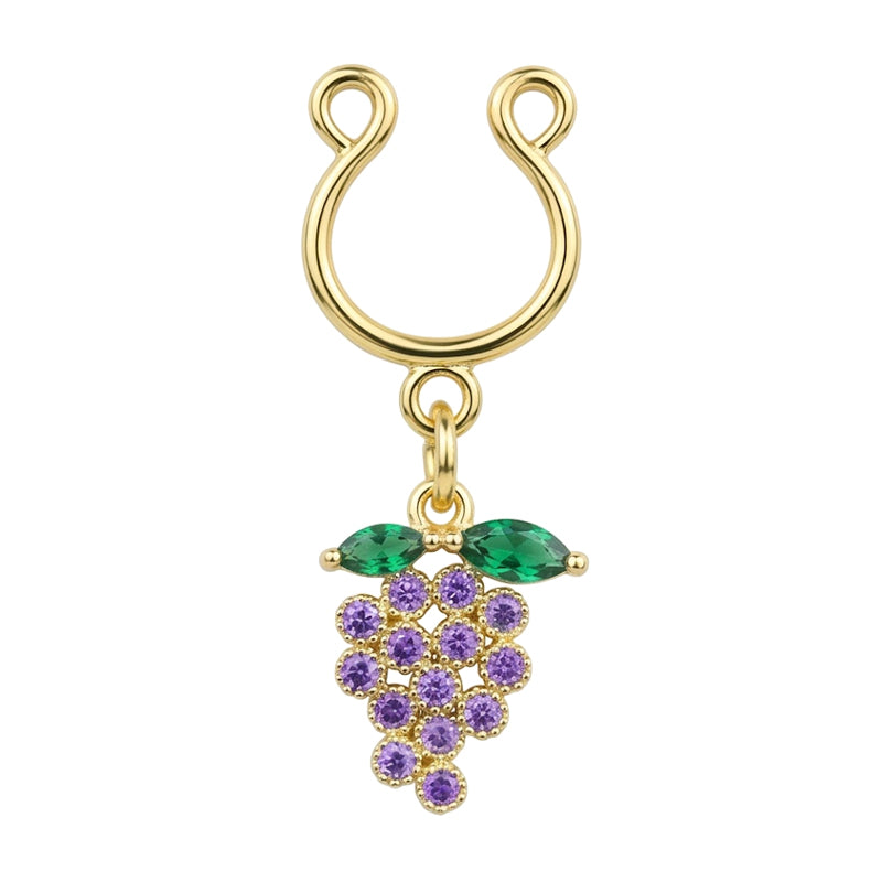 Single non-piercing grape dangle nipple clamp featuring purple and green cubic zirconia crystal cluster design.