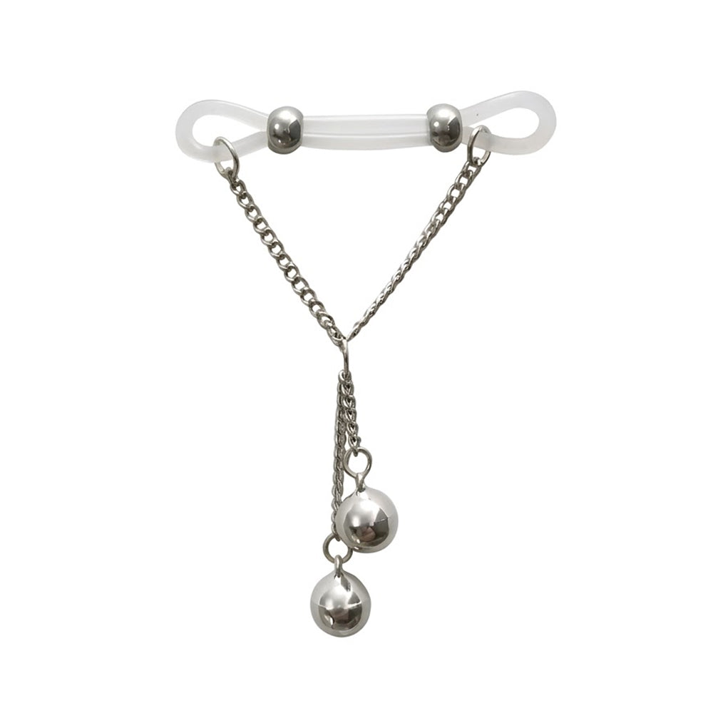Clear silicone fake nipple jewelry clamp pair with silver beads and double metal ball hanging chains.