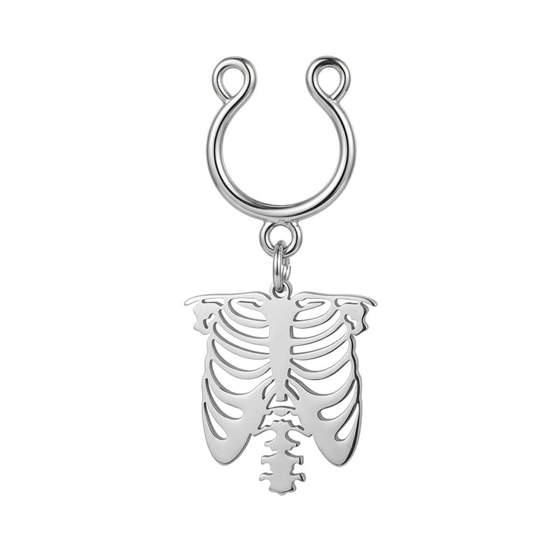 Single non-piercing silver nipple clamp featuring a dangling detailed skeleton rib cage pendant for gothic body jewelry style