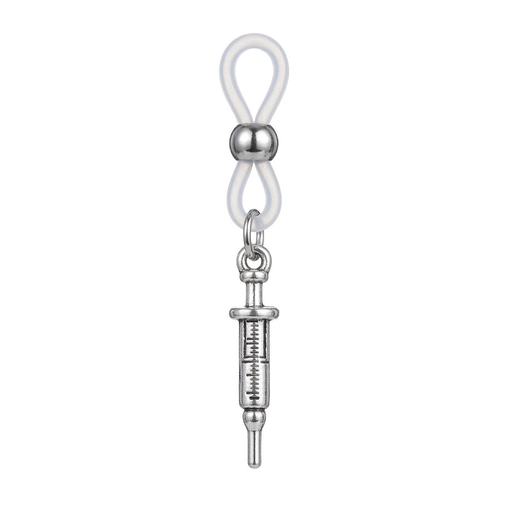 A single non-piercing nipple clamp with an adjustable clear silicone loop, a silver sliding metal bead, and a detailed antique silver syringe charm hanging below, isolated on a white background.
