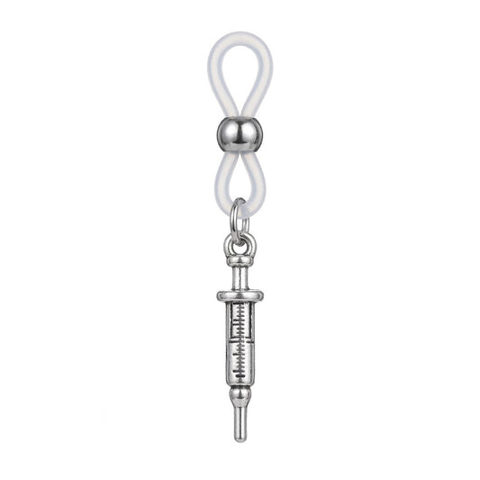 A single non-piercing nipple clamp with an adjustable clear silicone loop, a silver sliding metal bead, and a detailed antique silver syringe charm hanging below, isolated on a white background.