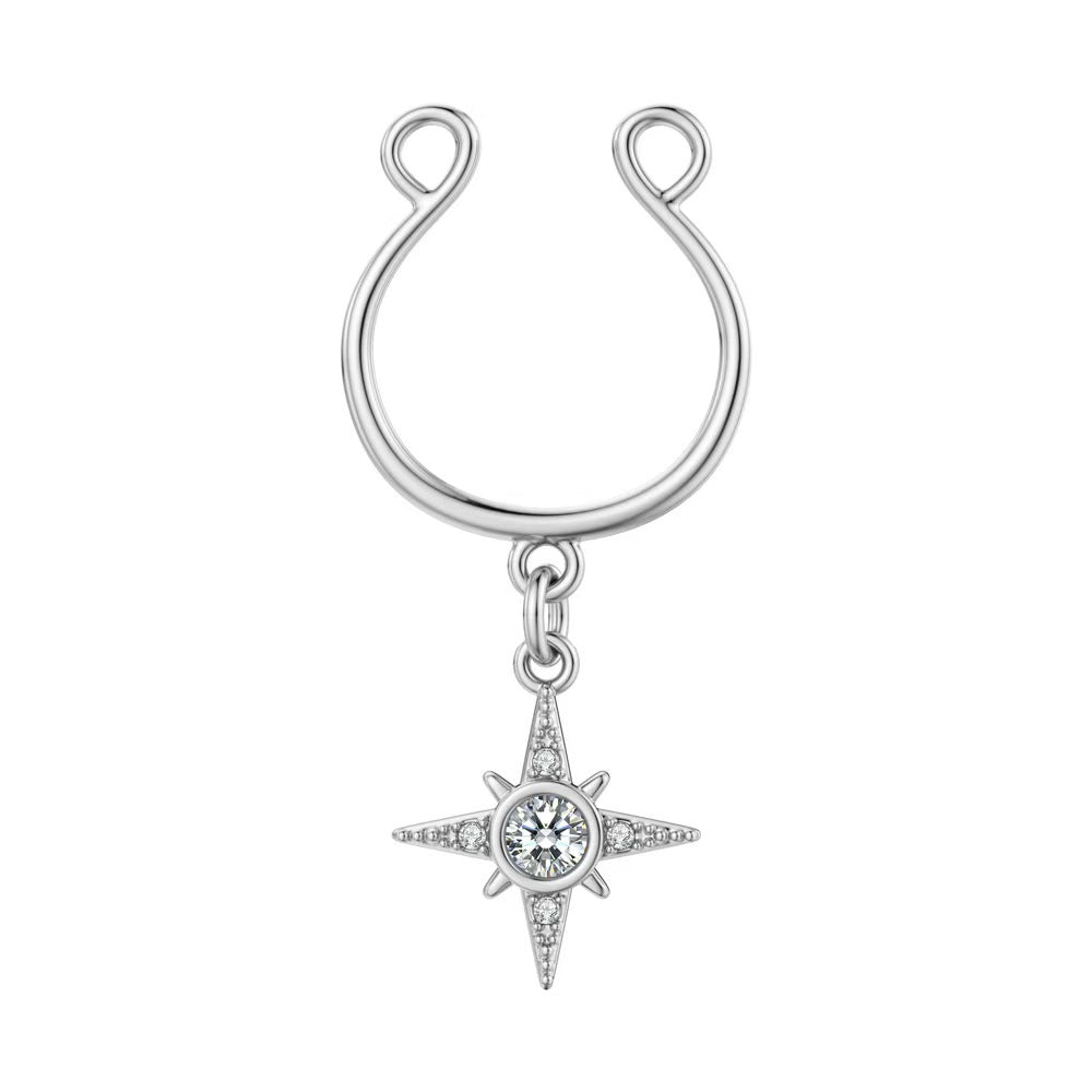 Silver North Star non-pierced nipple jewelry with crystal dangle on white background.