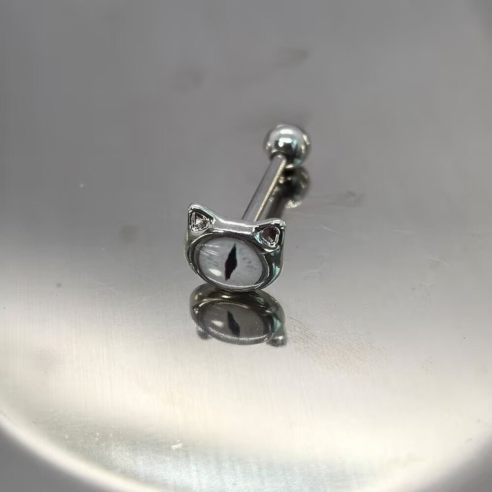 Obsidian gray cat eye tongue barbell featuring a unique feline eye design for alternative piercing aesthetics.