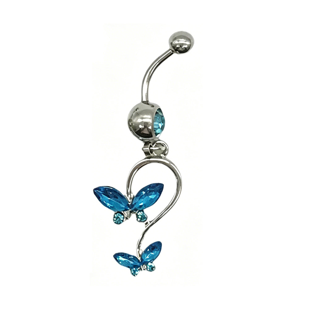 Vibrant ocean blue crystal butterfly dangle navel ring in fairycore style.