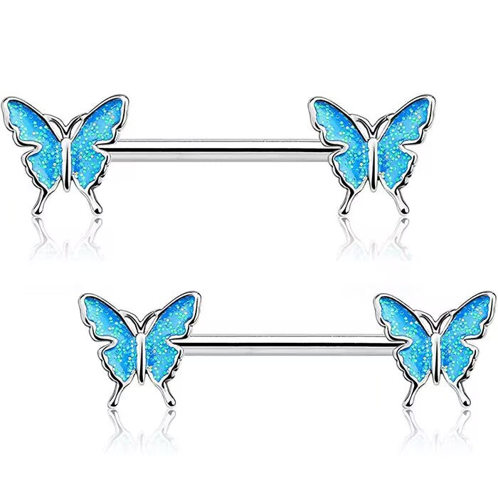 A pair of ocean blue glitter butterfly nipple barbells with reflections underneath on a pure white background.