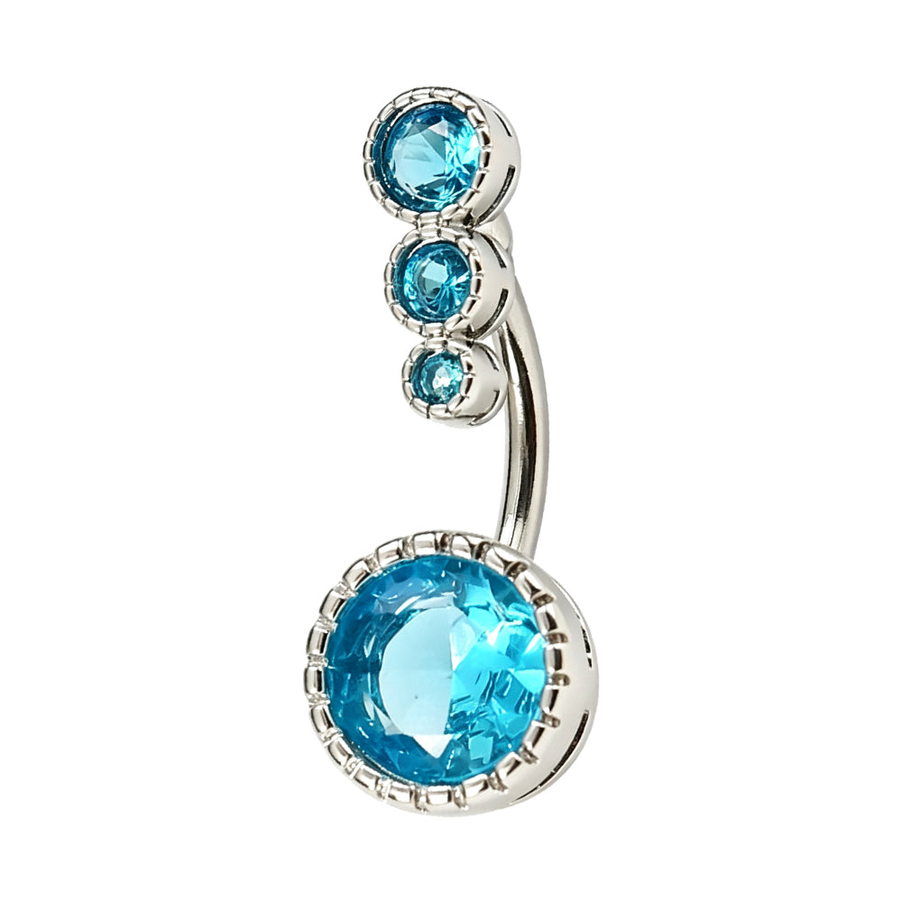 Ocean blue triple cubic zirconia curved top navel ring with sparkling round centerpiece